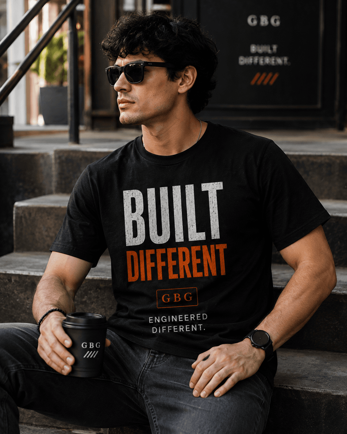 A man sitting on steps wearing a black Go Baby Go Built Different oversized t-shirt