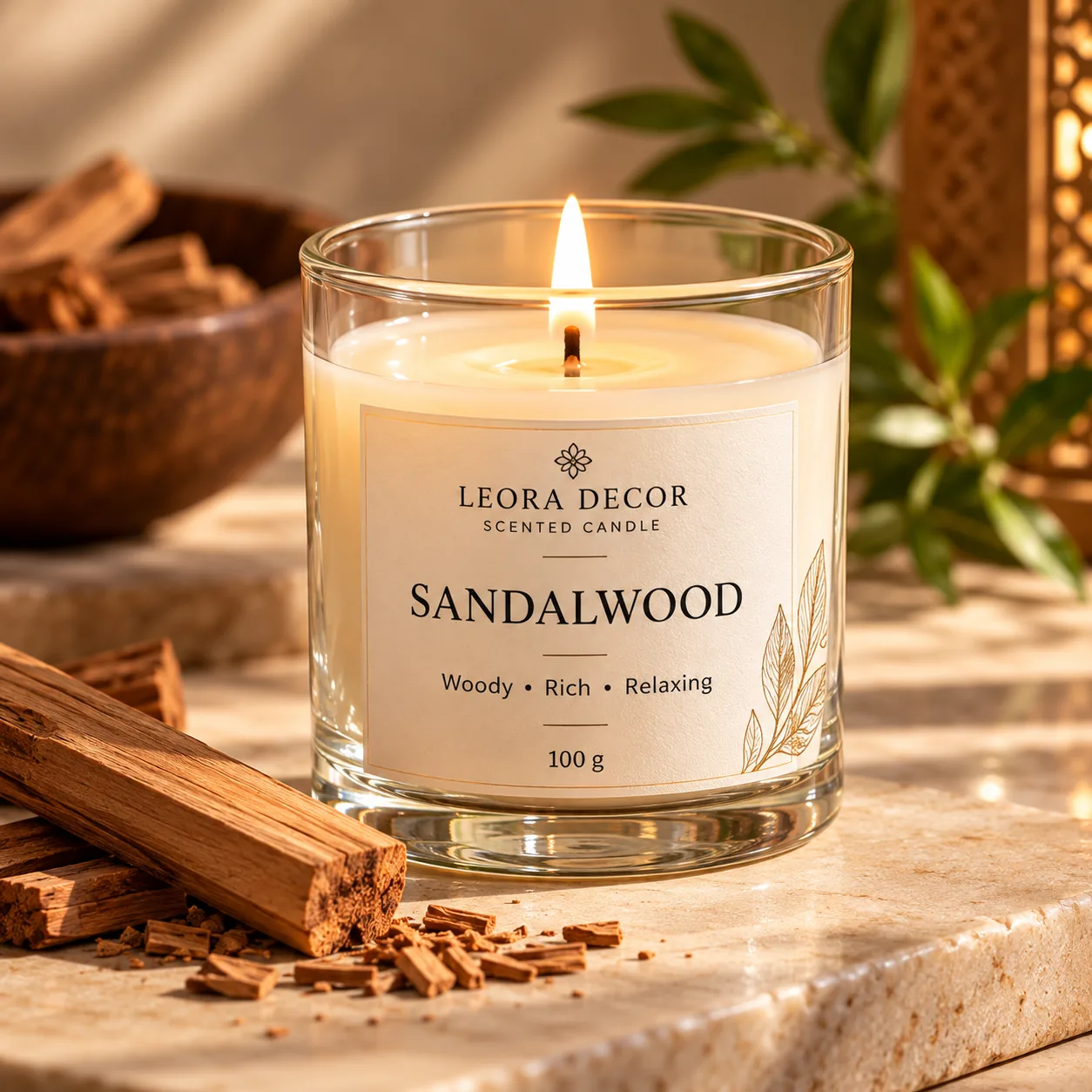 A lit sandalwood scented candle beside sandalwood sticks