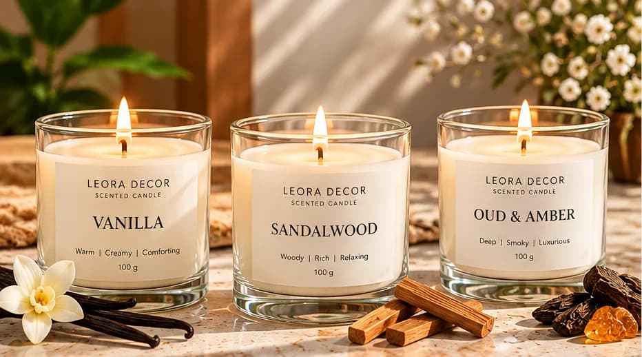 Three scented candles in glass jars