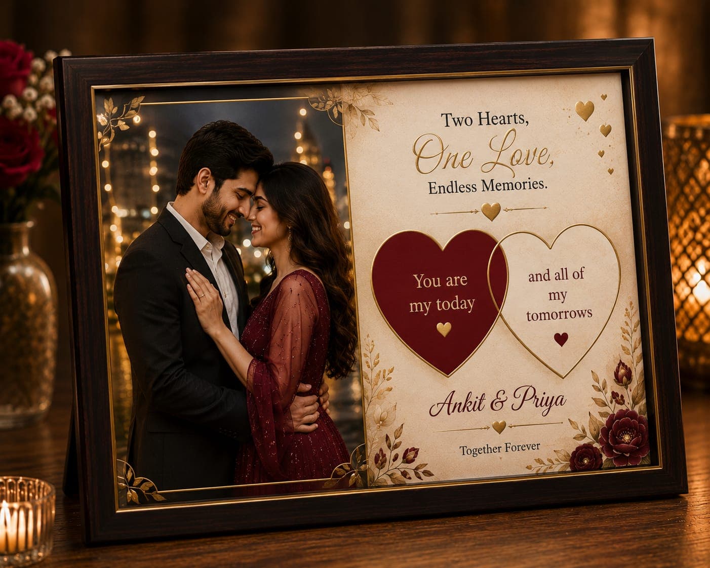 A personalised photo frame with a couple's photo and the words Two Hearts, One Love